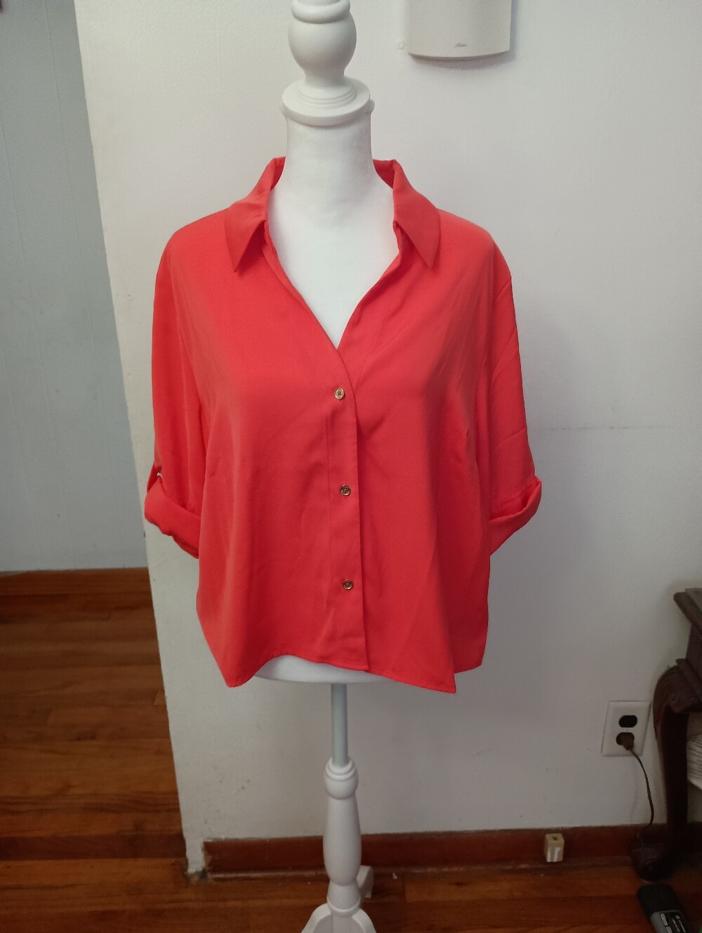 NWT Michael Kors MK Coral Sangria Red-Orange Button-Down Women's Shirt Top Large